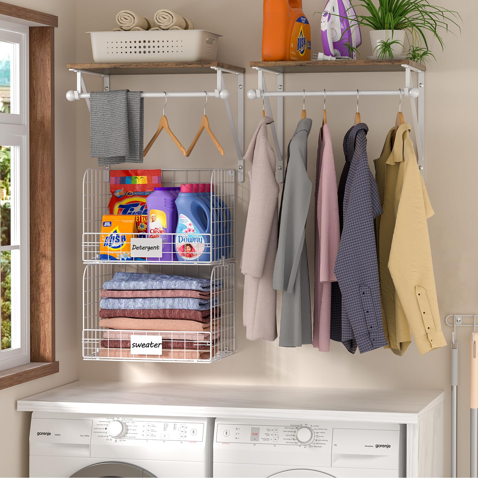 DAOUTIME wood shelves with hanging rods let you air dry garments conveniently.