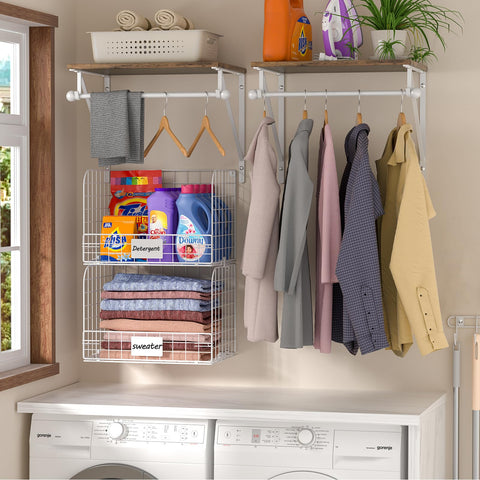 DAOUTIME wood shelves with hanging rods let you air dry garments conveniently.