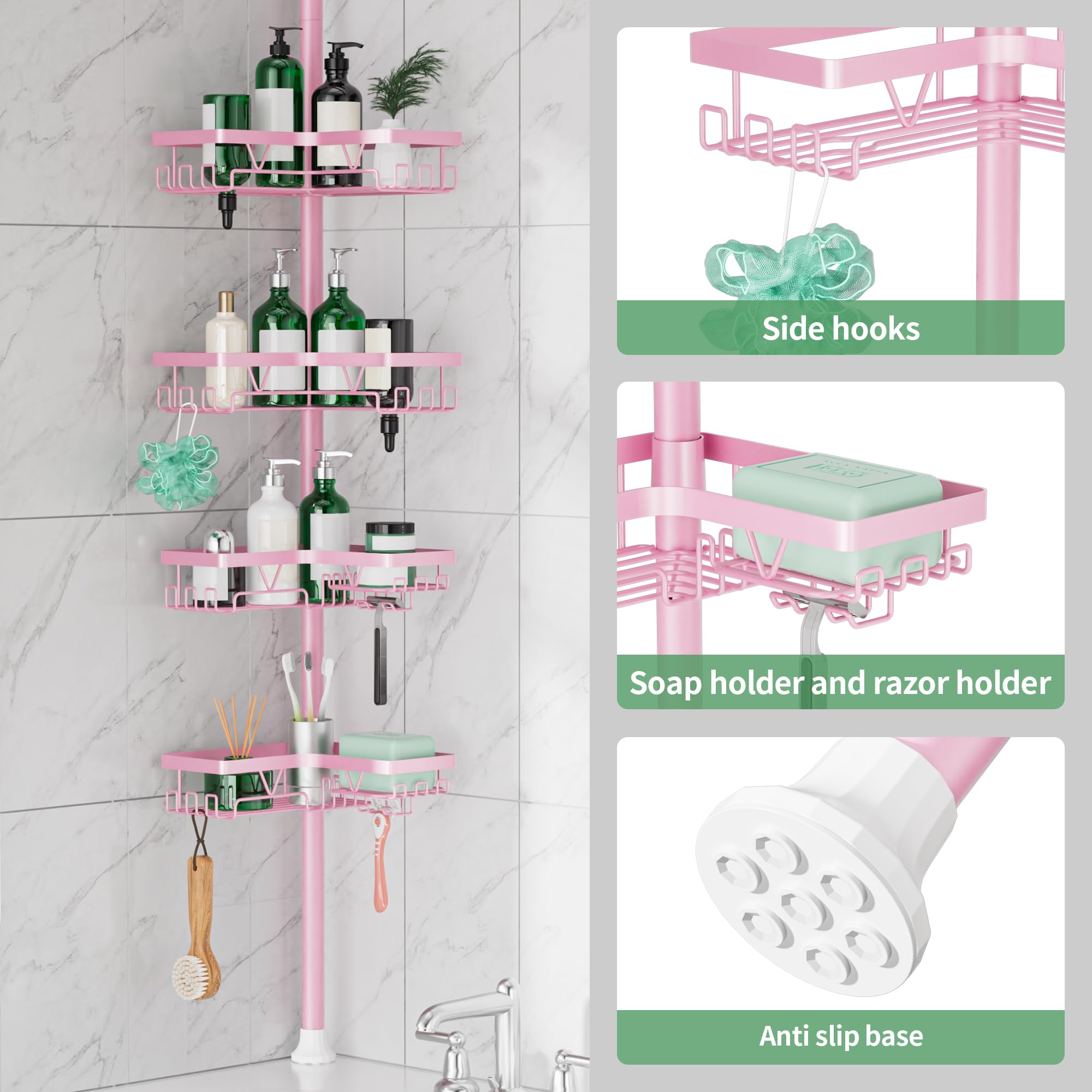 DAOYA built-in hooks on every level hold razors, loofahs, and towels