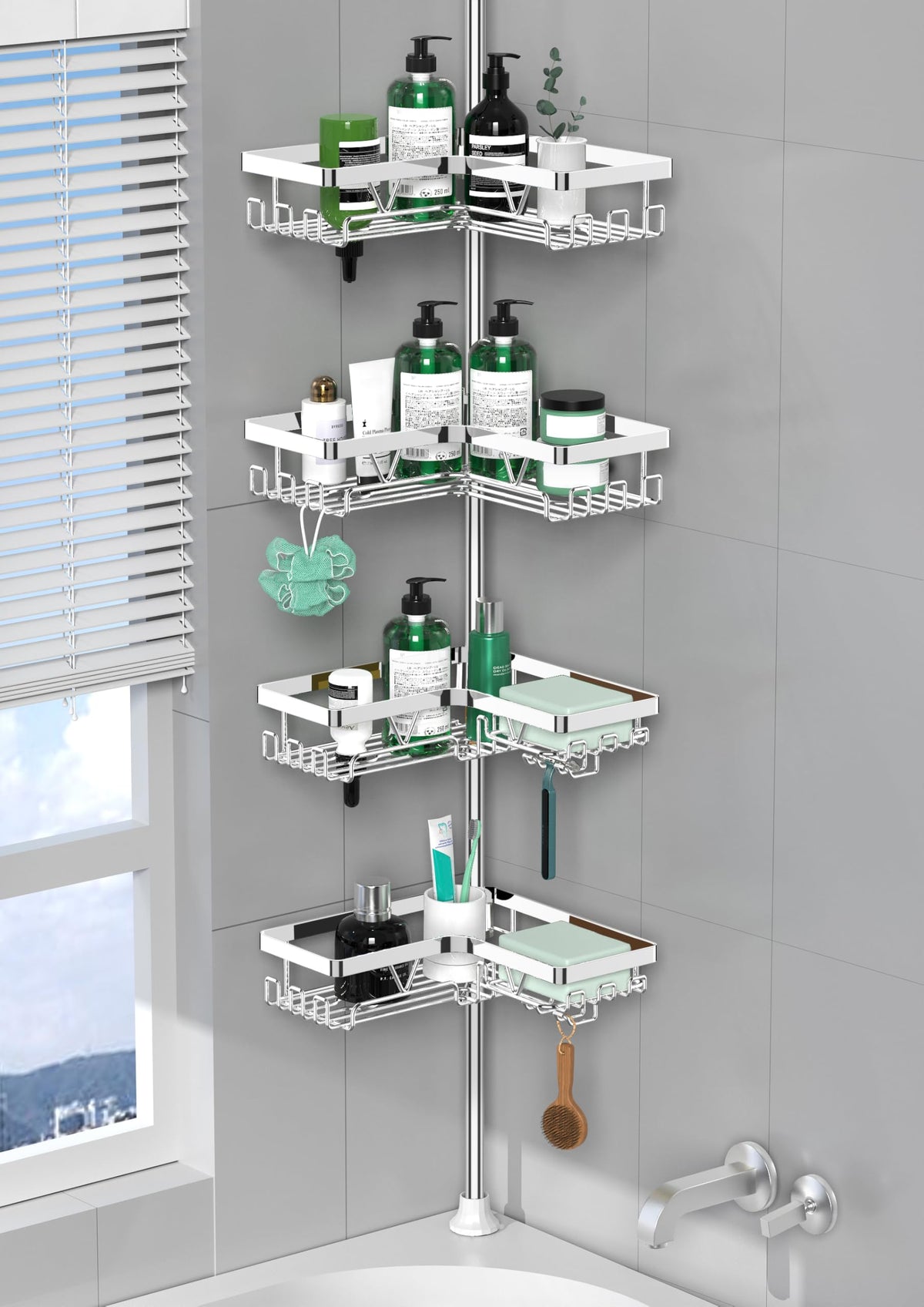 DAOYA corner shower caddy chrome tension rod fits corners for extra bathroom storage.