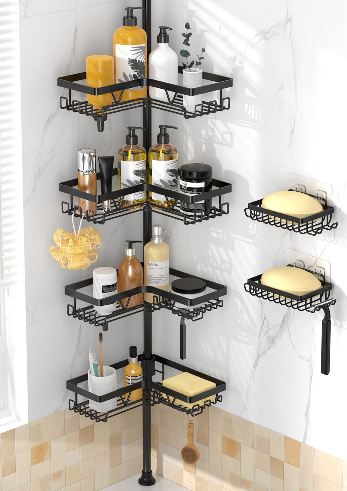 DAOYA Corner Shower Caddy with extended pole fitting between shower surfaces for a tool-free setup