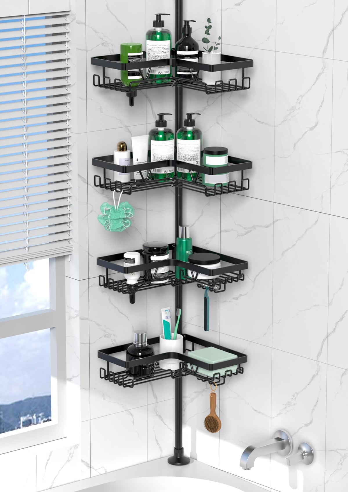 DAOYA corner shower caddy with tension pole and four shelves for organized bath items.