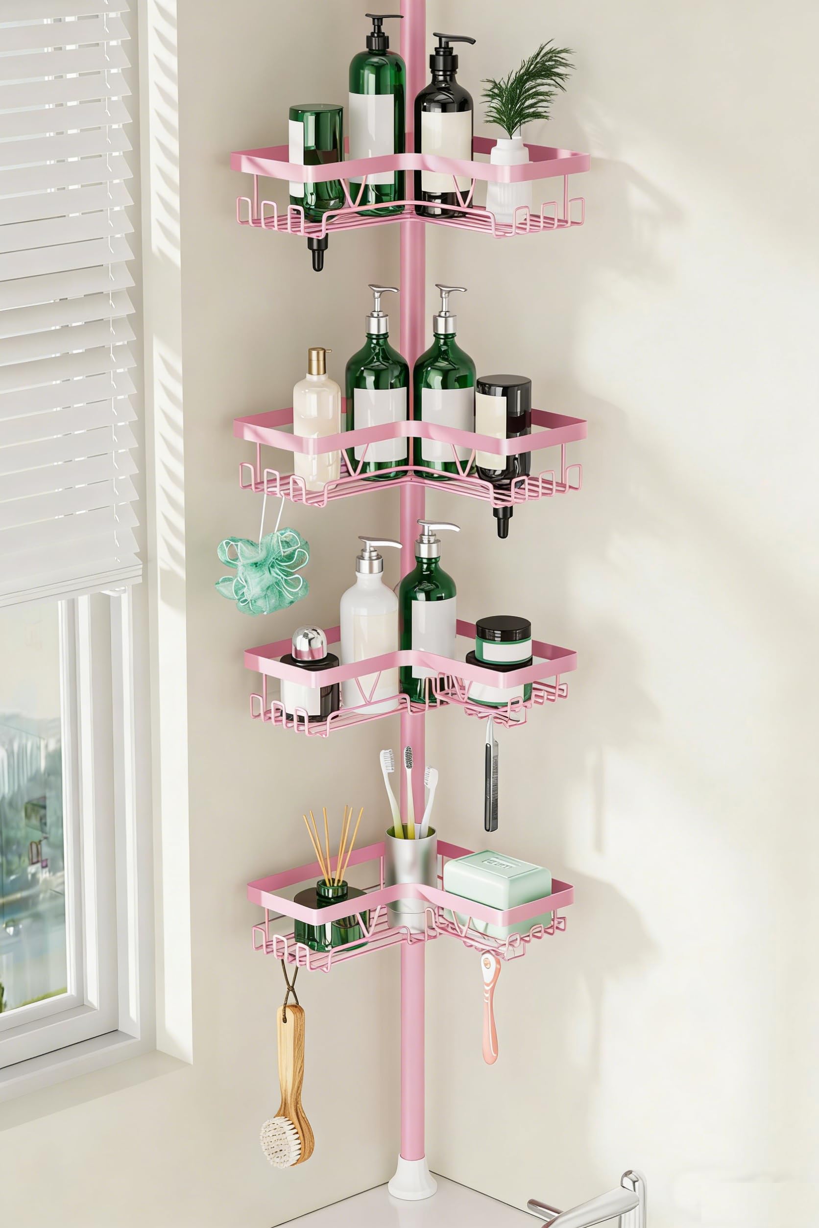 DAOYA corner shower caddy pink tension pole stores shampoo bottles neatly