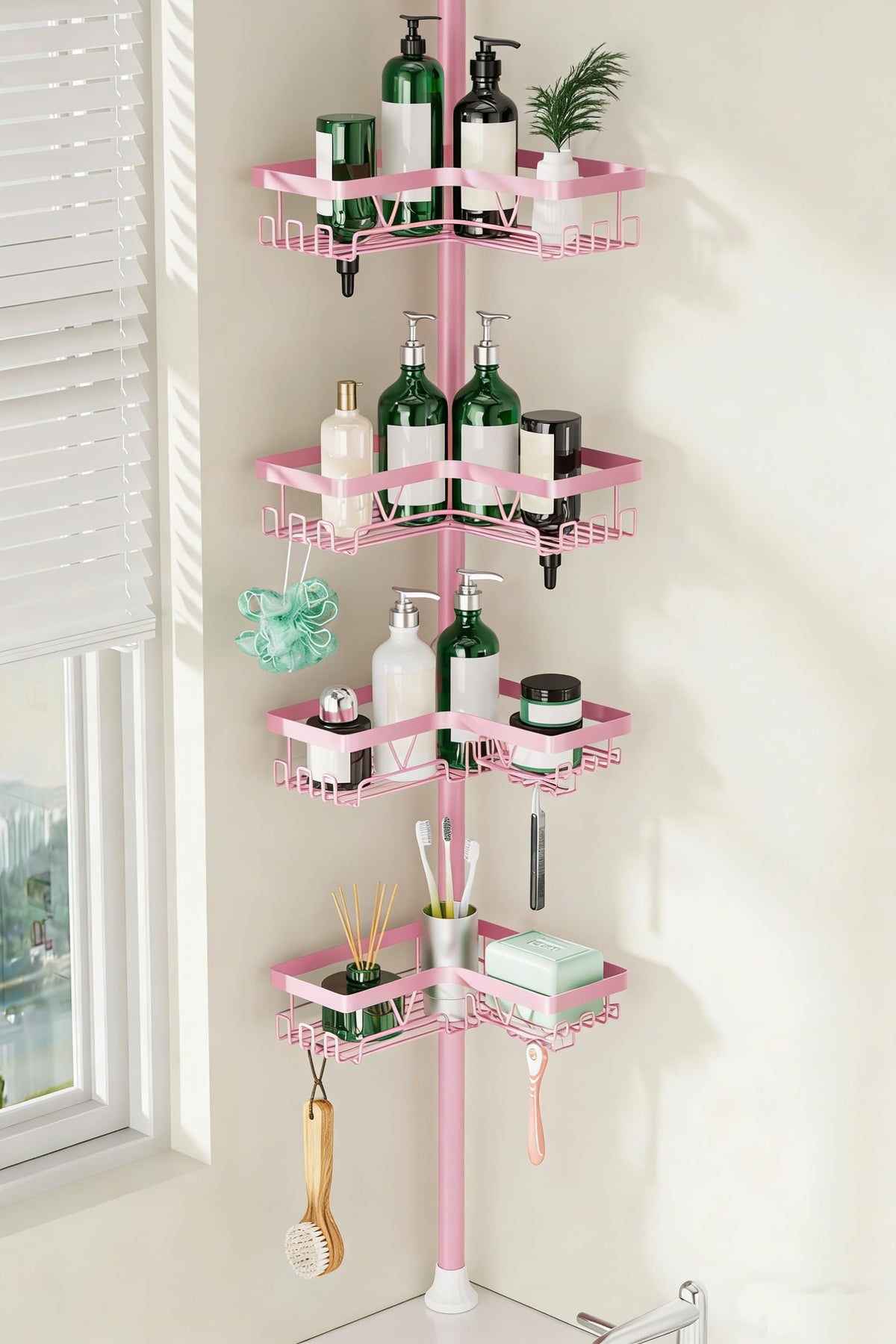 DAOYA corner shower caddy pink tension pole stores shampoo bottles neatly