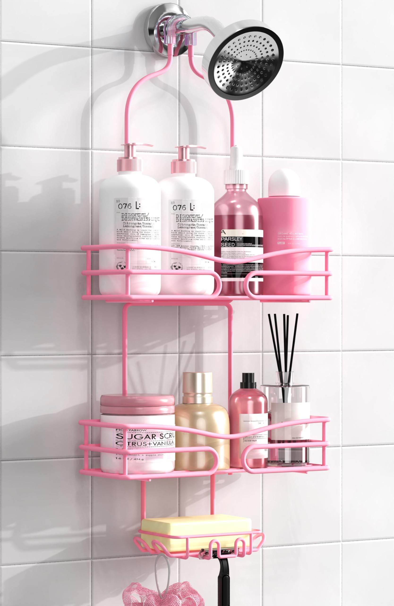 DAOYA Pink 3-Tier Overhead Caddy with soap holder keeps shower items organized