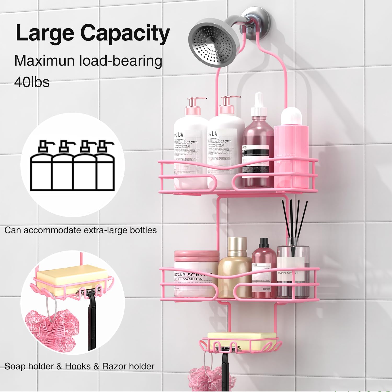 DAOYA pink shower caddy with six hooks for towels and razors