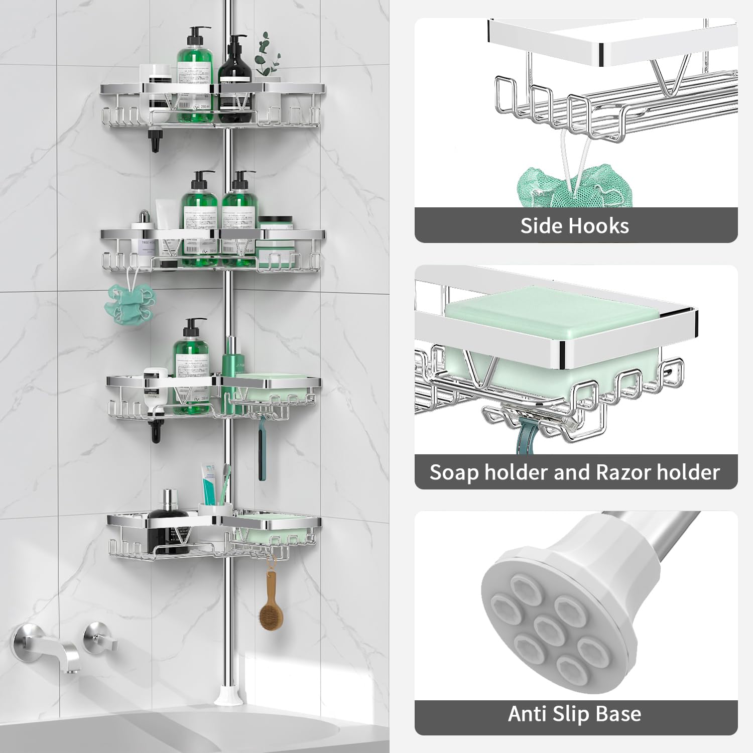 DAOYA chrome shower caddy extends from floor to ceiling for versatile installation.