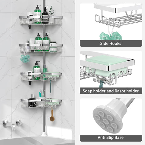 DAOYA chrome shower caddy extends from floor to ceiling for versatile installation.