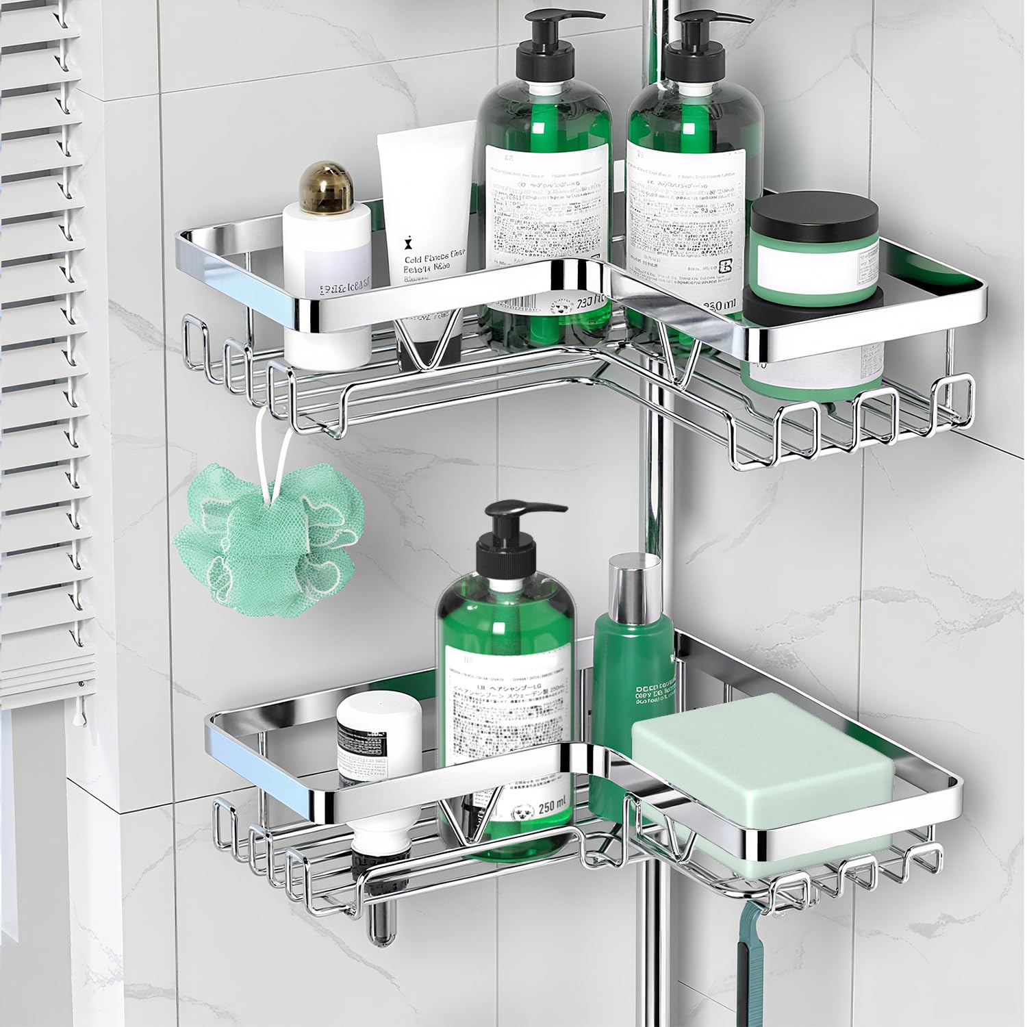 DAOYA chrome caddy with built-in soap dish and razor slots for tidy daily use.