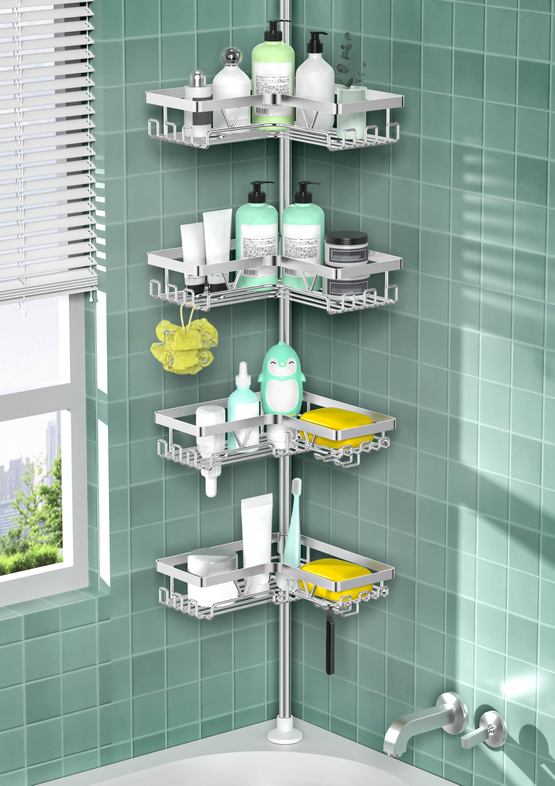 DAOYA shower caddy tension pole assembly showing corner fit and sturdy frame
