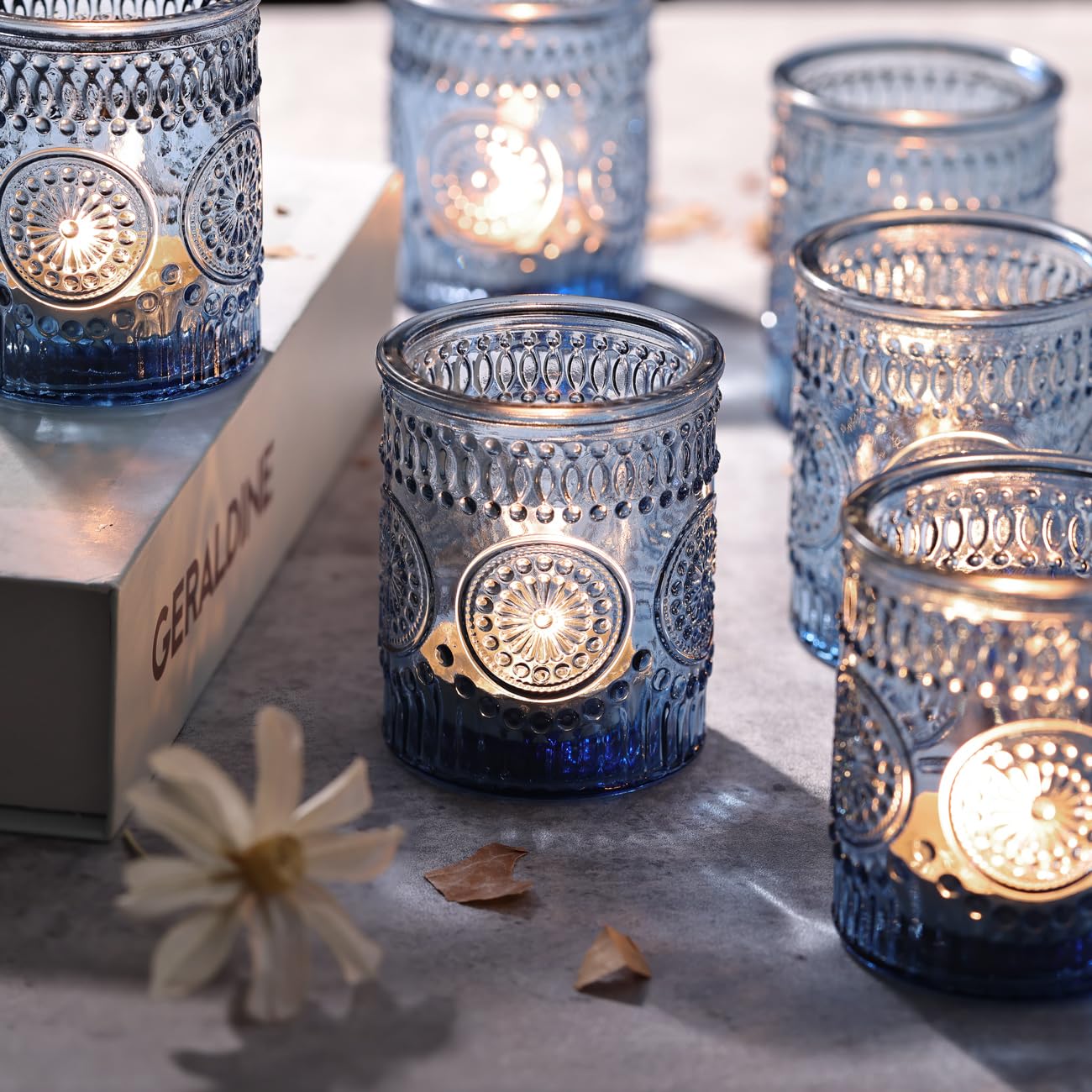 DARJEN blue glass candle holder ideal as a wedding centerpiece.