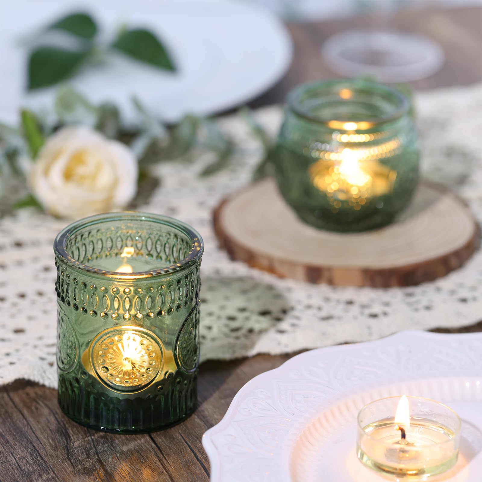 DARJEN glass votive tea light holders enhance candle glow on dining room tables.