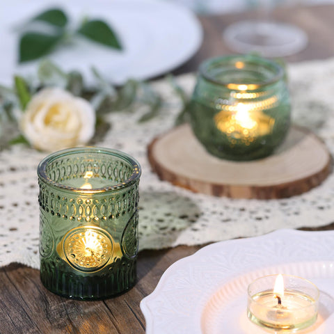 DARJEN glass votive tea light holders enhance candle glow on dining room tables.