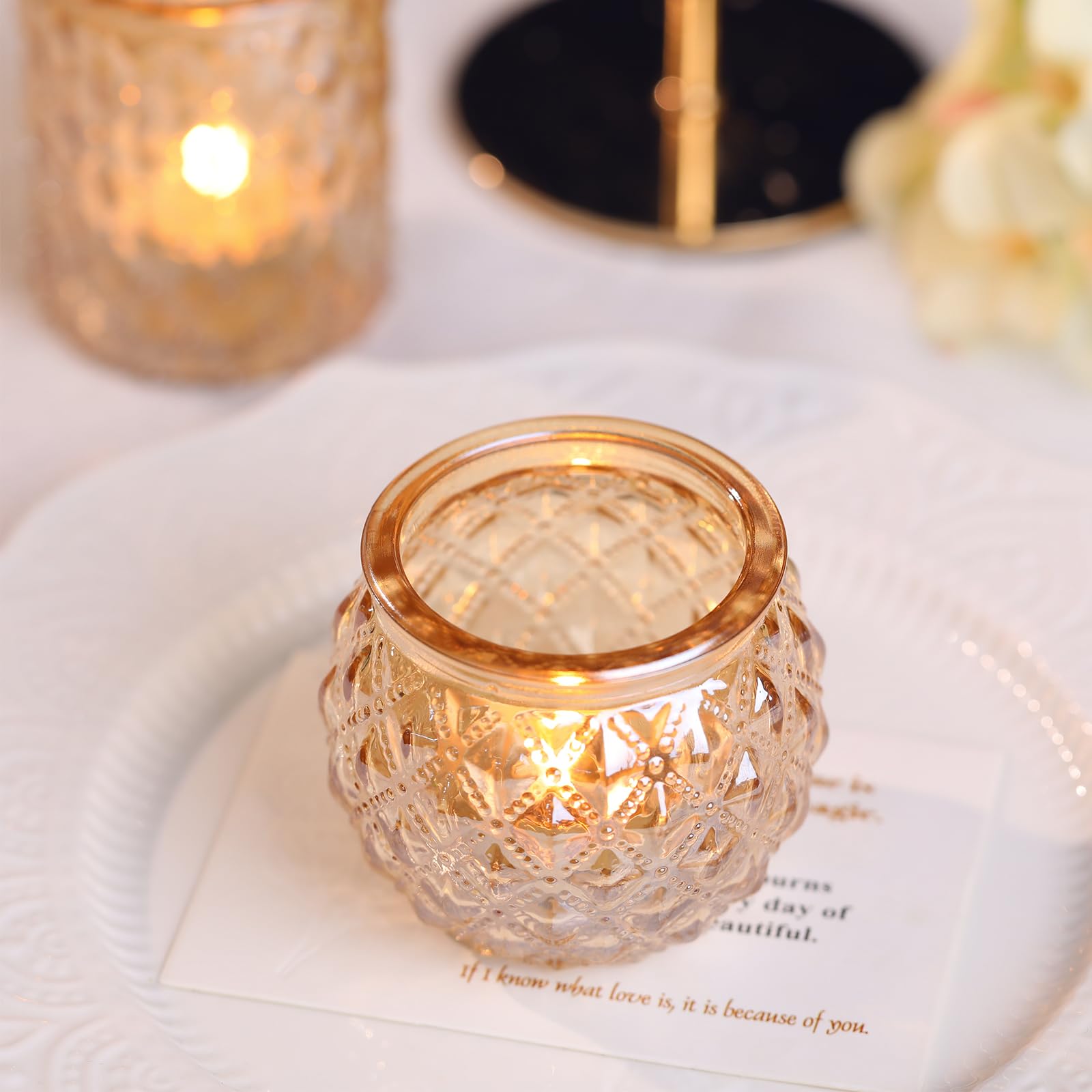 DARJEN gold bowl glass votives deliver warm, inviting glow.