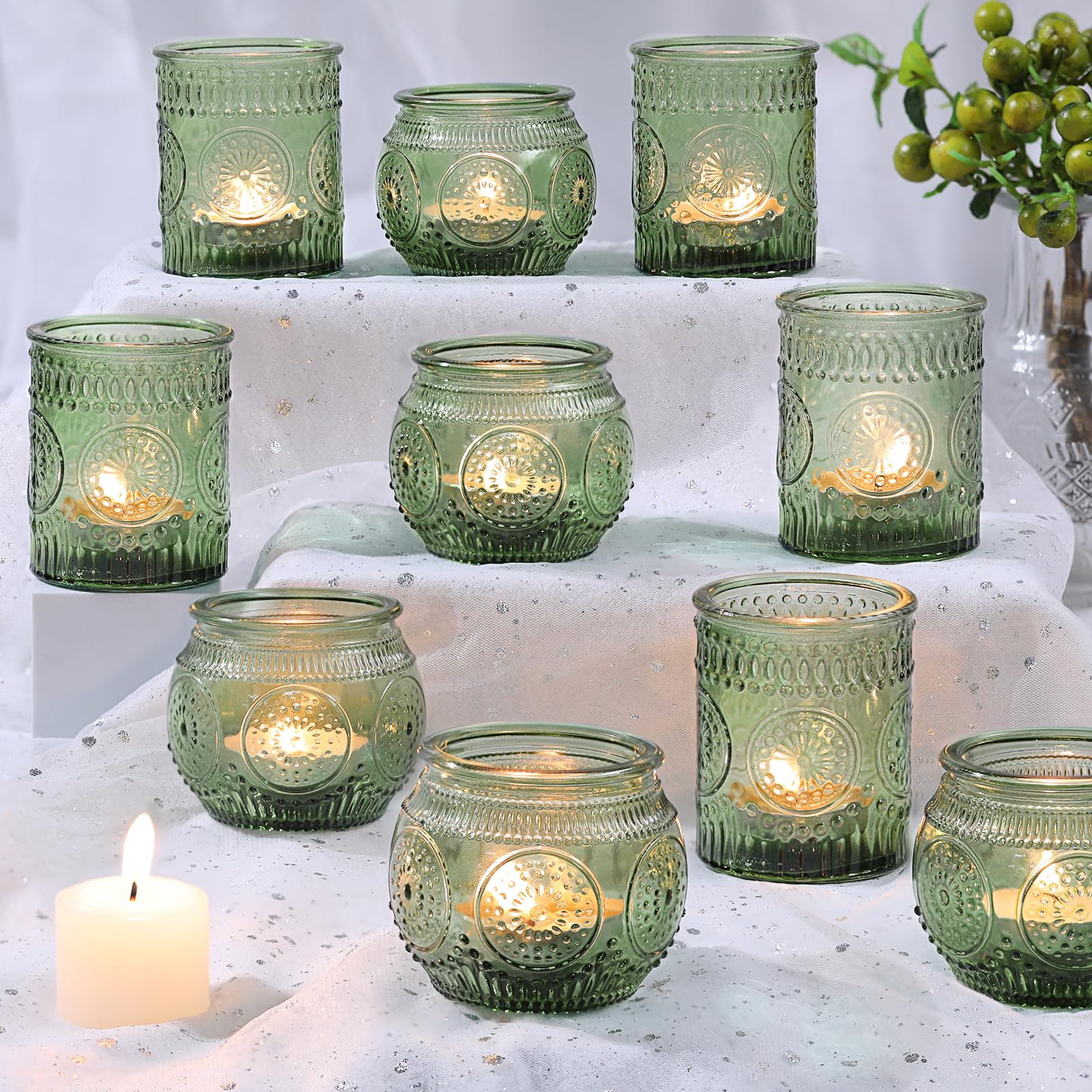 DARJEN green votive candle holders set for elegant table decor and weddings.