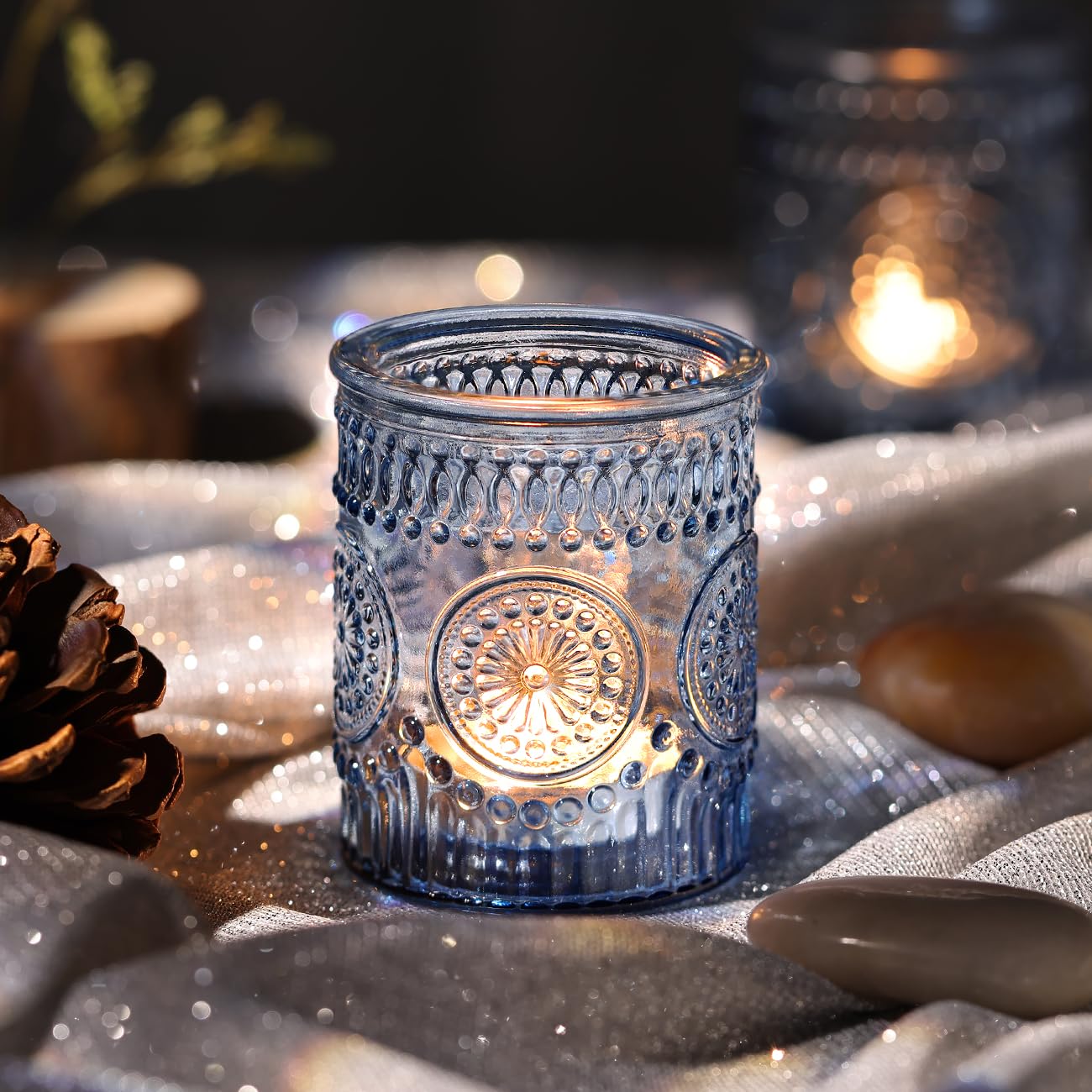 DARJEN votive holders with embossed sunflower texture for nostalgic decor.