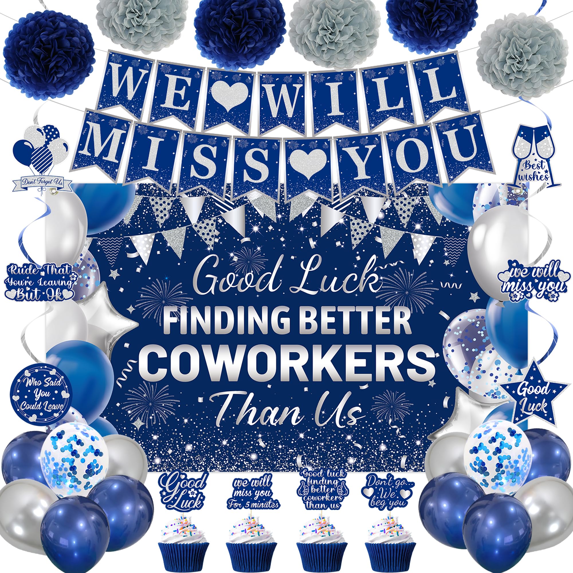 DARUNAXY goodbye banner backdrop enhances office farewell celebrations with bold blue and silver tones.