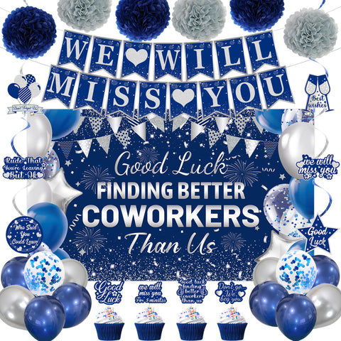 DARUNAXY goodbye banner backdrop enhances office farewell celebrations with bold blue and silver tones.