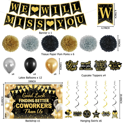 We Will Miss You banner adds glitter to farewell decor