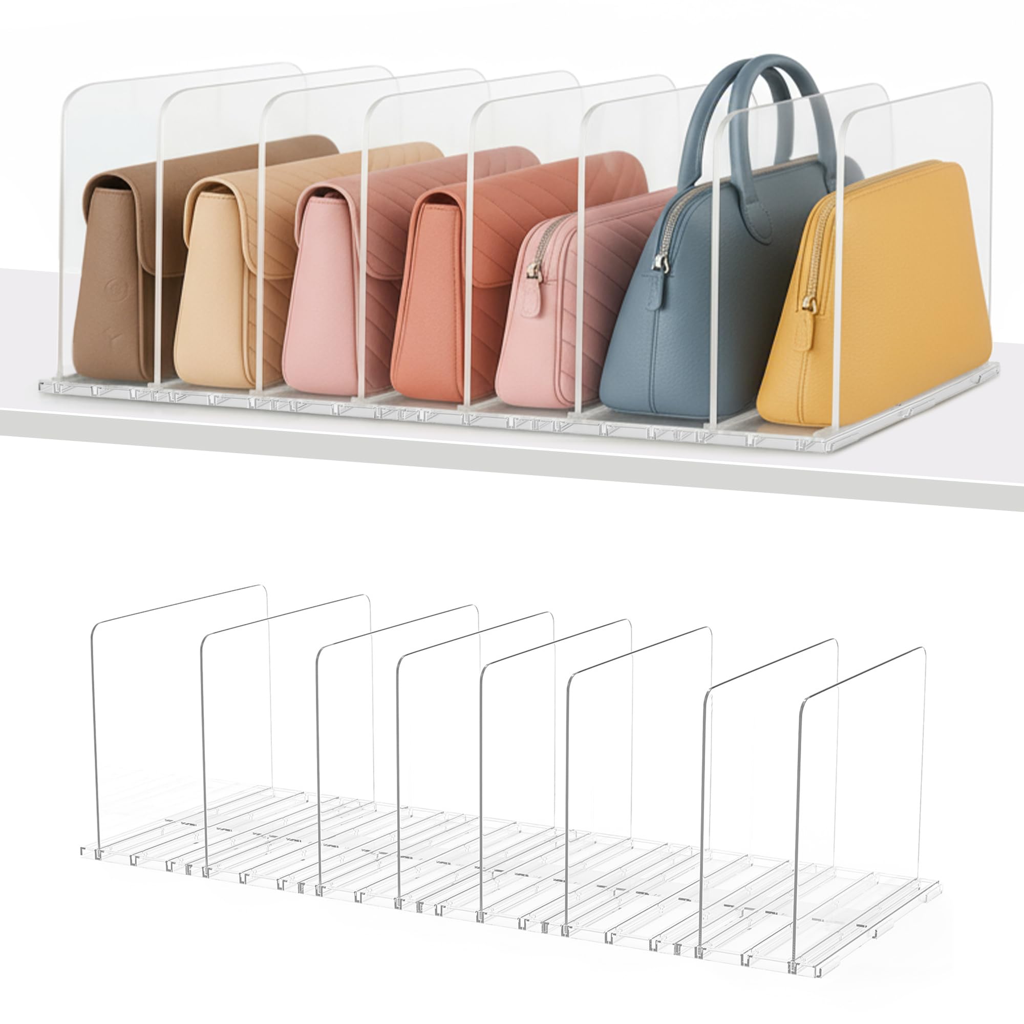 DAVIDOK adjustable dividers with eight slots organize shelves neatly.