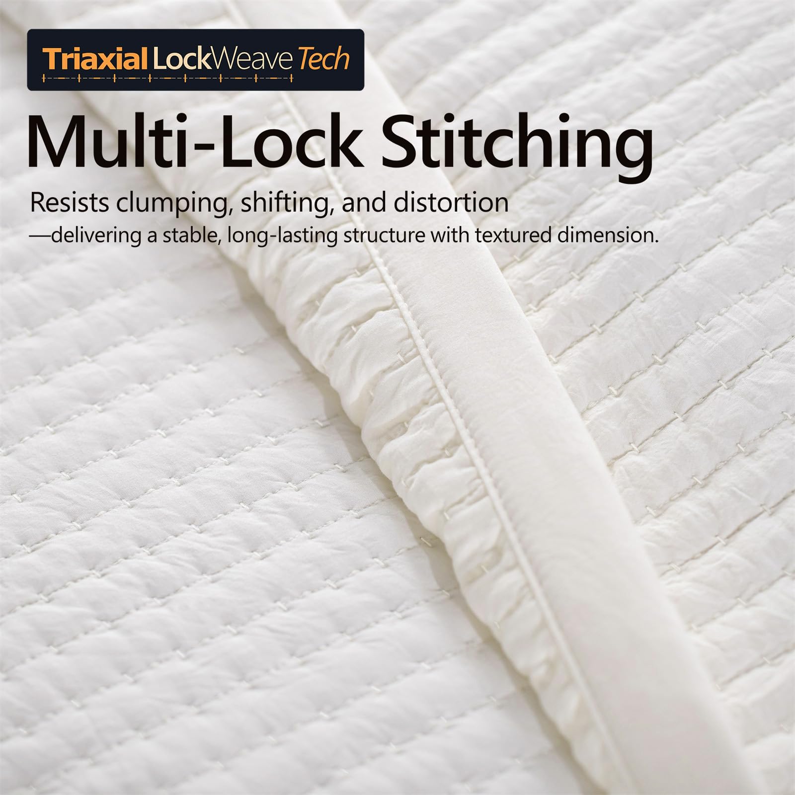 DAWNDIOR Triaxial LockWeave stitching closeup demonstrates durable, wrinkle-resistant quilting.