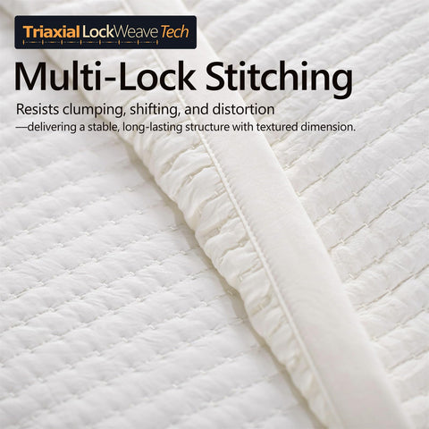 DAWNDIOR Triaxial LockWeave stitching closeup demonstrates durable, wrinkle-resistant quilting.