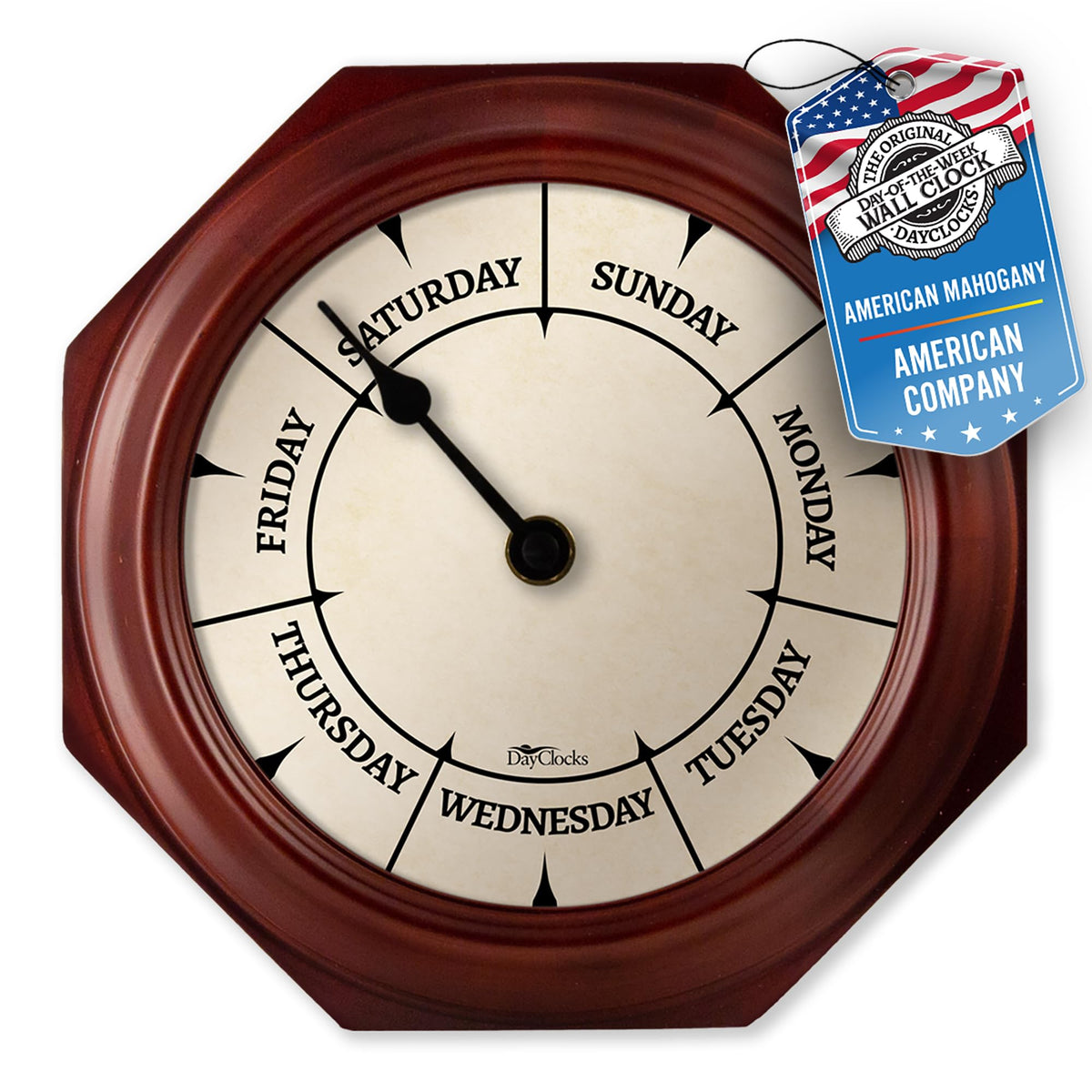 DayClocks Classic 10-inch mahogany frame clock on wall adds warmth and daily orientation.