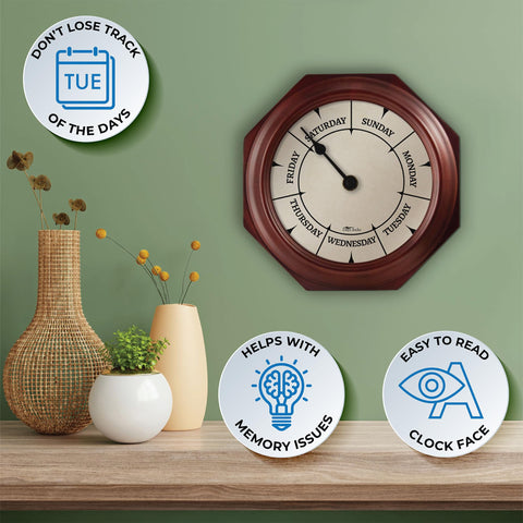 DayClocks Classic dial with week-day indicators supports weekly planning.