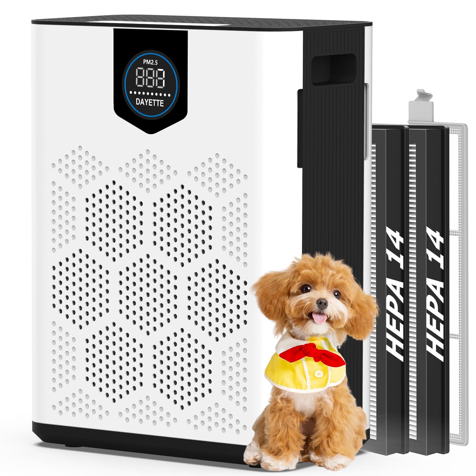 DAYETTE air purifier large room front view demonstrates powerful air circulation for spacious living areas.