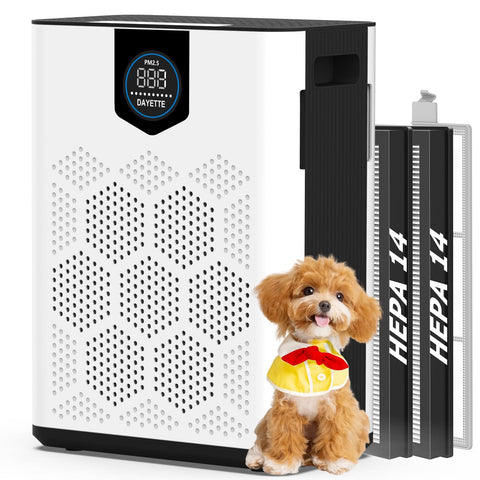 DAYETTE air purifier large room front view demonstrates powerful air circulation for spacious living areas.