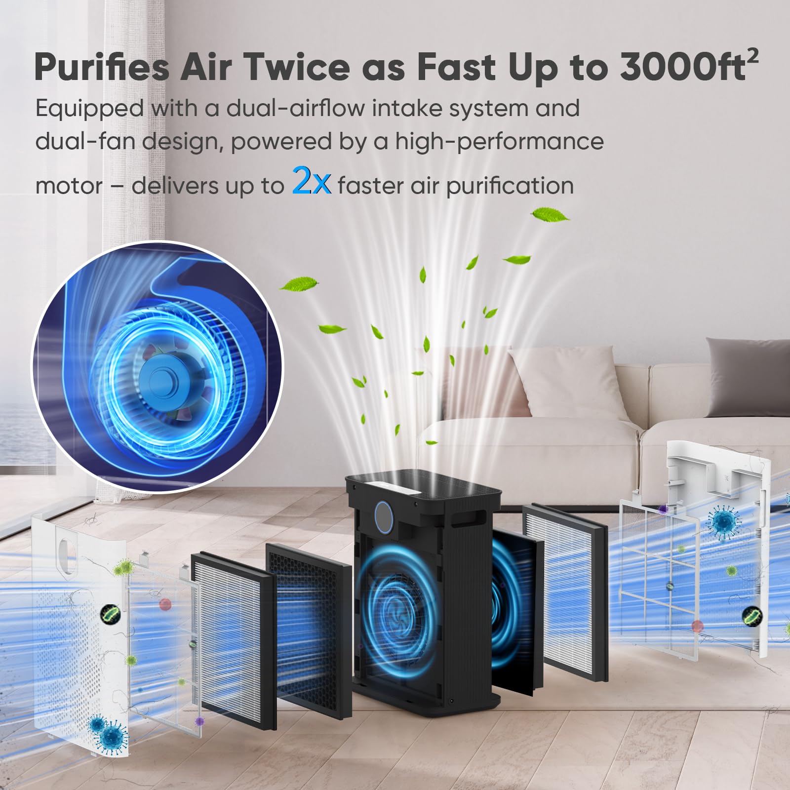DAYETTE air purifier turbo mode setup highlights rapid purification for busy spaces.
