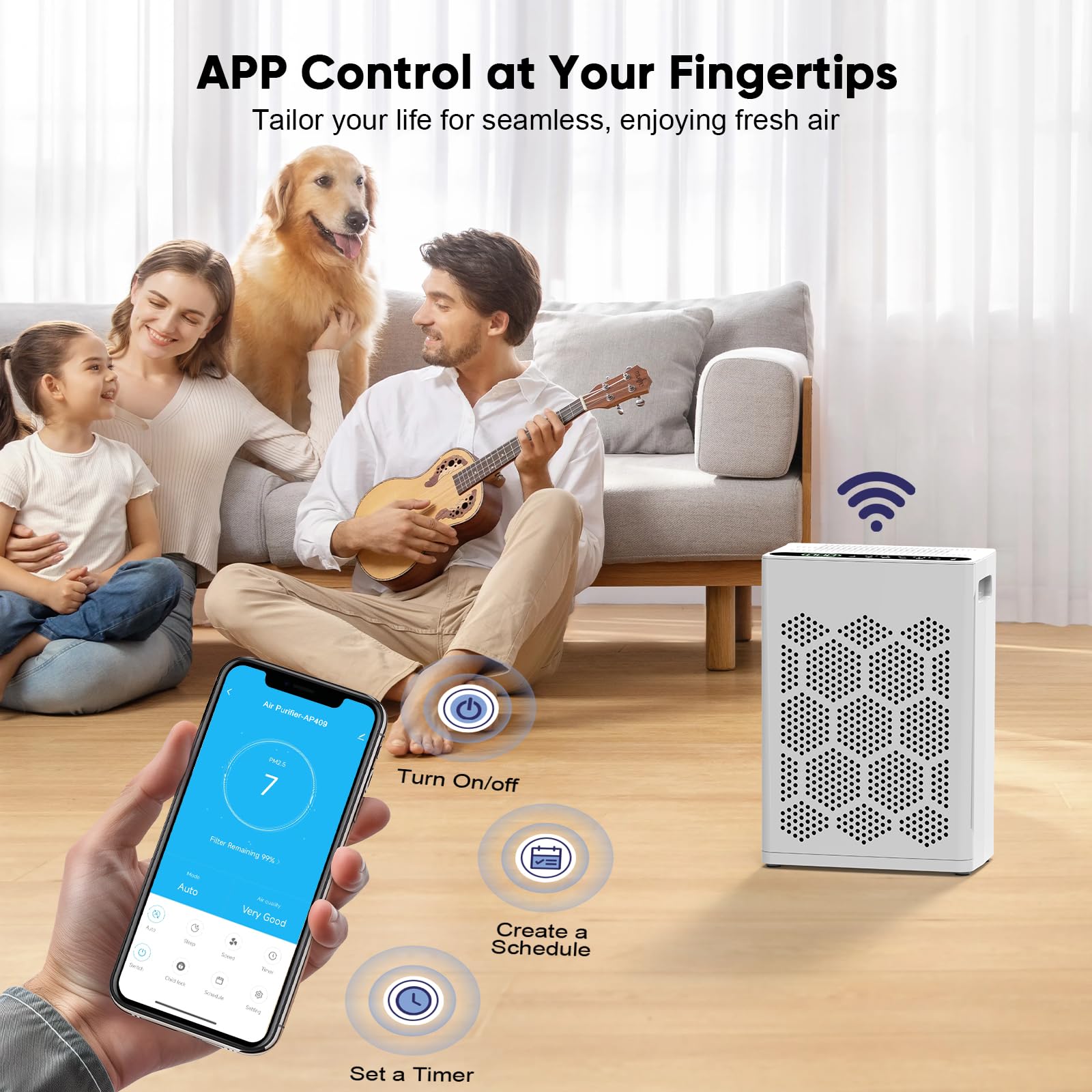 DAYETTE air purifier app control screen shows WiFi connection and status