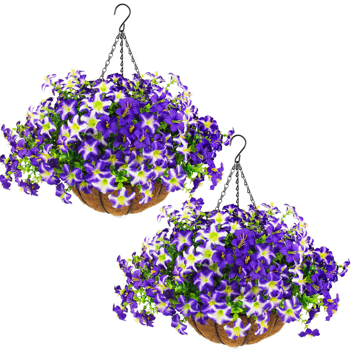 Daynight artificial petunias hanging basket 24pcs purple for vibrant porch appeal.