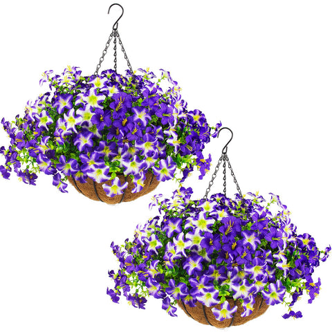 Daynight artificial petunias hanging basket 24pcs purple for vibrant porch appeal.