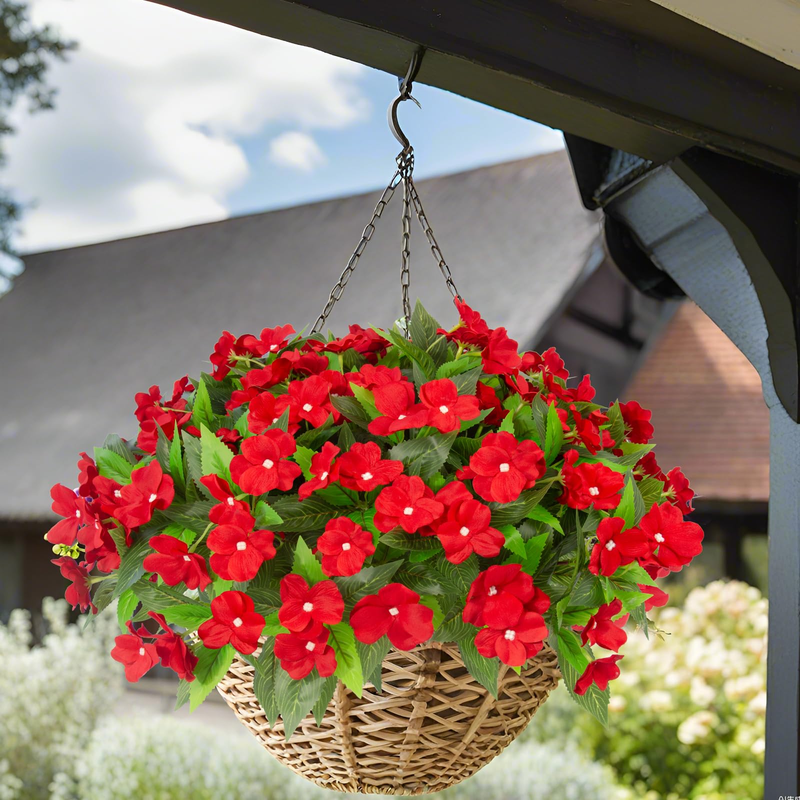 Daynight impatiens red bouquet decorates porch with minimal upkeep