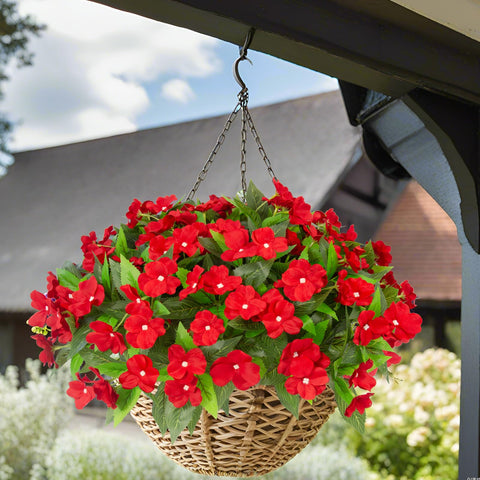 Daynight impatiens red bouquet decorates porch with minimal upkeep