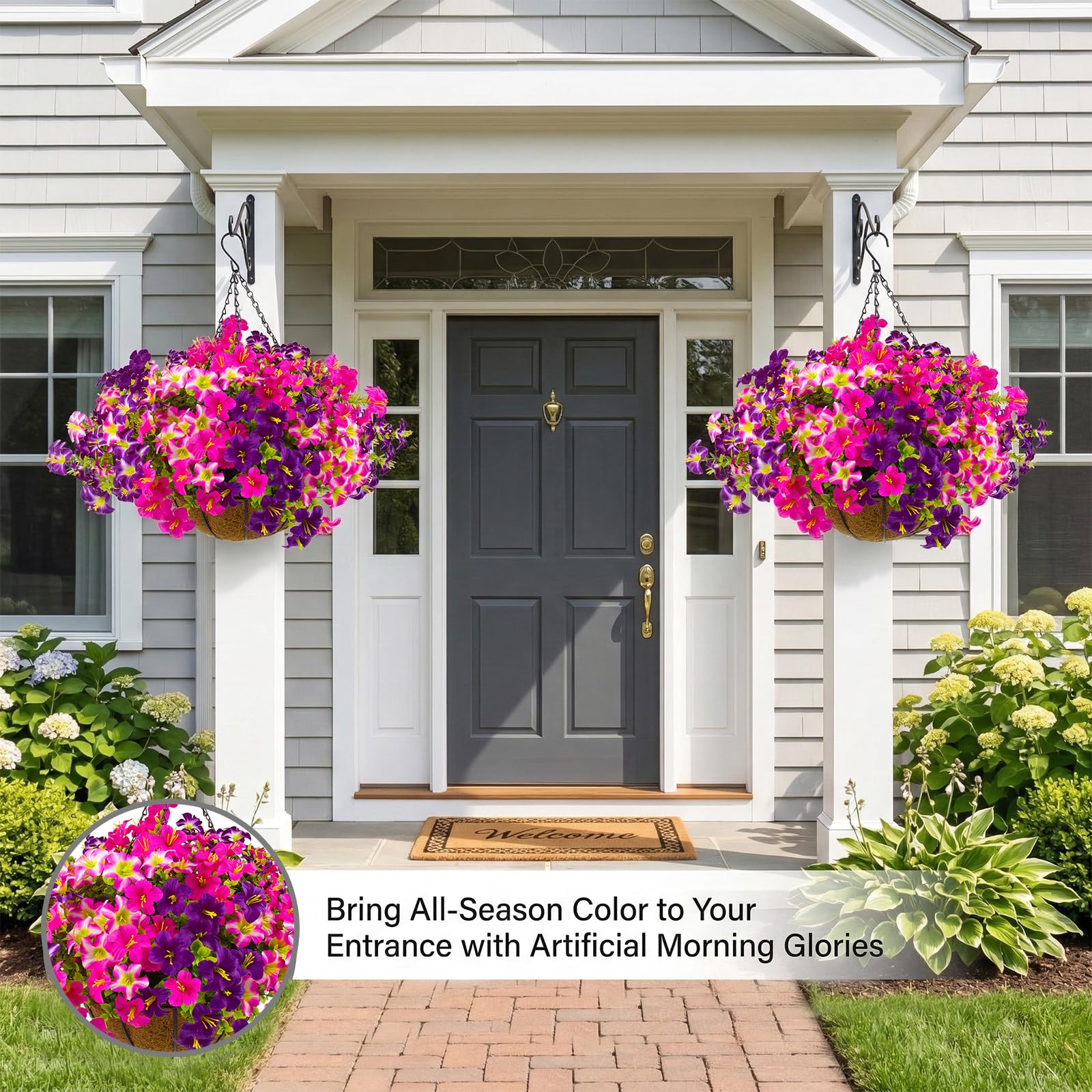 Daynight petunias front porch display withstands weather with durable, weatherproof construction.