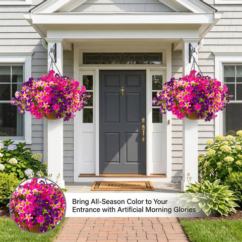 Daynight petunias front porch display withstands weather with durable, weatherproof construction.