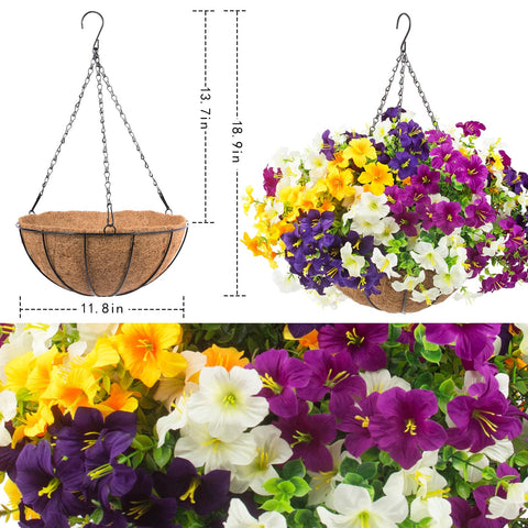 Closeup of Daynight petunias in hanging basket with vivid blooms