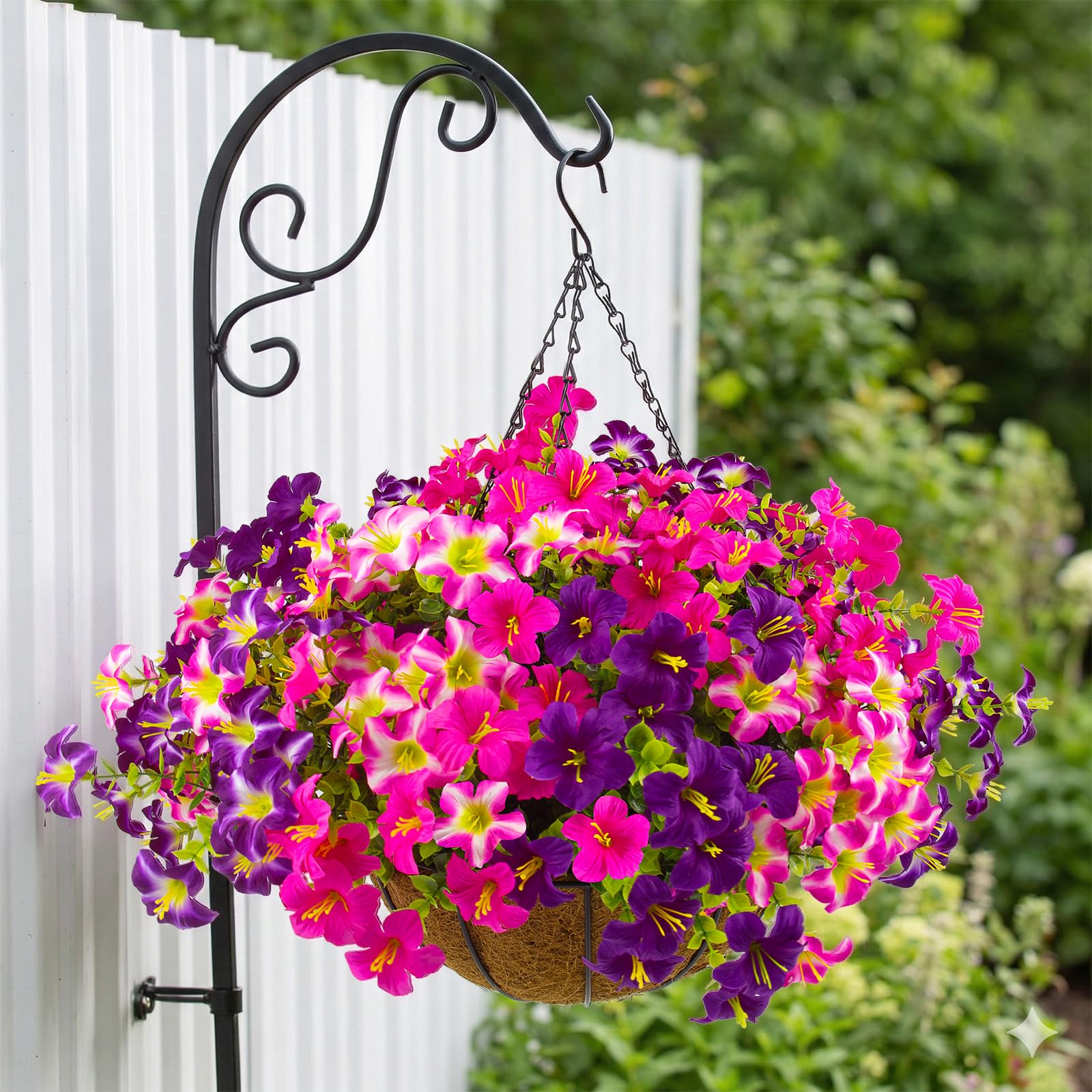 Daynight petunias hanging planter assembly ready for quick outdoor decorating.
