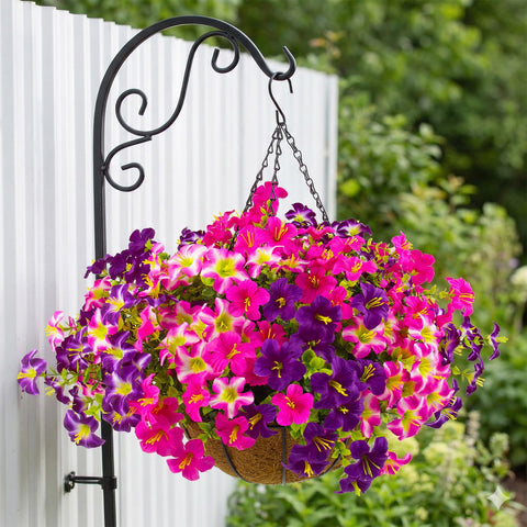 Daynight petunias hanging planter assembly ready for quick outdoor decorating.