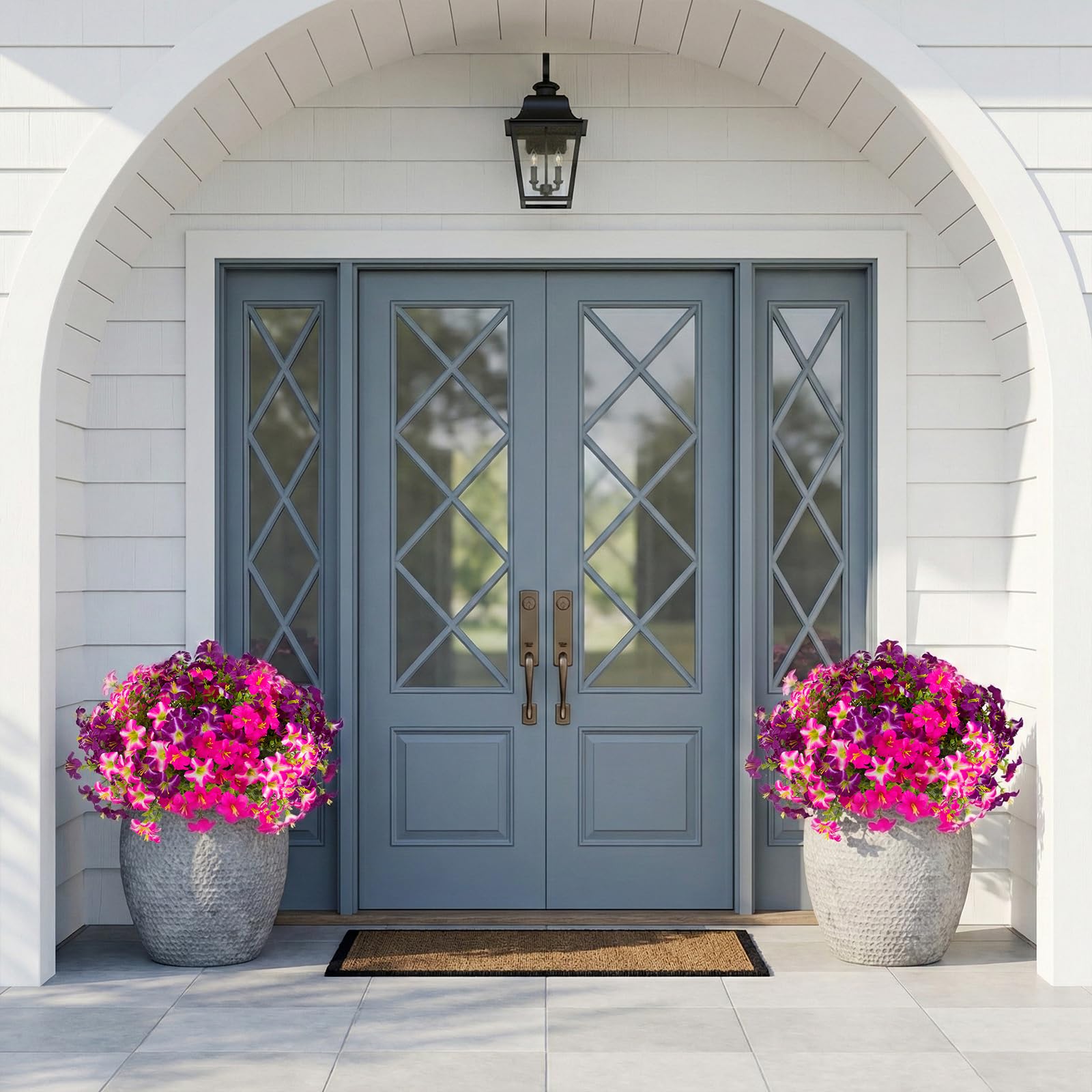 Daynight petunias outdoor porch planter scene demonstrates low maintenance decor.