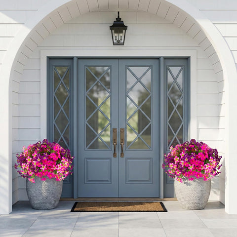 Daynight petunias outdoor porch planter scene demonstrates low maintenance decor.