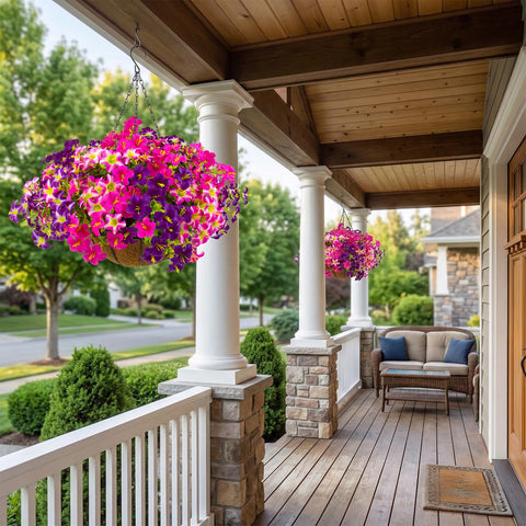 Daynight petunias on patios and pathways enhance curb appeal with low-maintenance design.