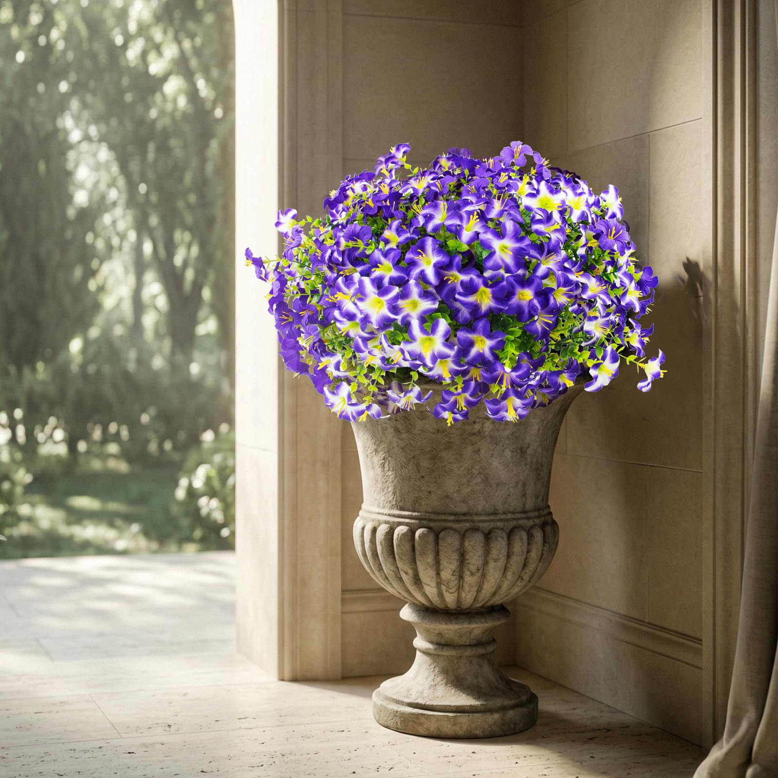 Daynight faux petunias provide a lifelike focal point for outdoor decor.