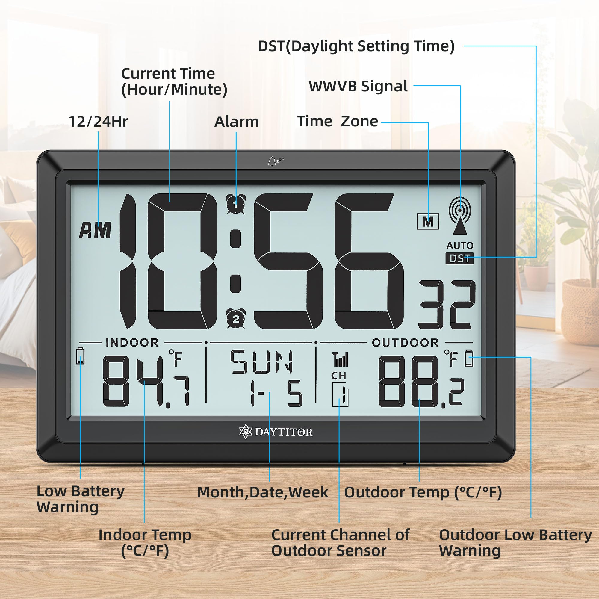 DAYTITOR battery-powered clock runs on AA batteries for versatile placement
