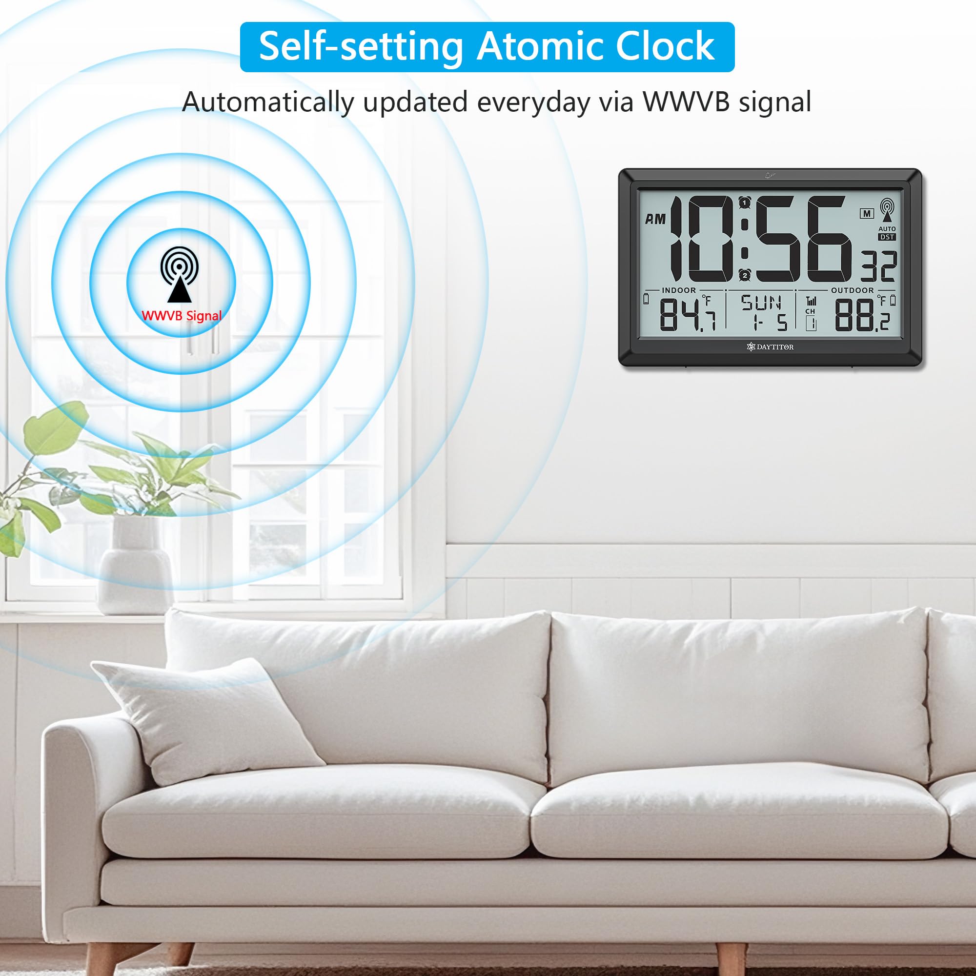 DAYTITOR clock uses WWVB synchronization for accurate time automatically