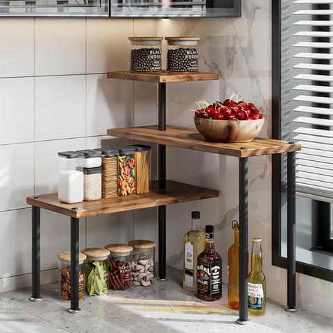 Dazioter 3-tier kitchen corner shelf front view, compact black organizer for spices