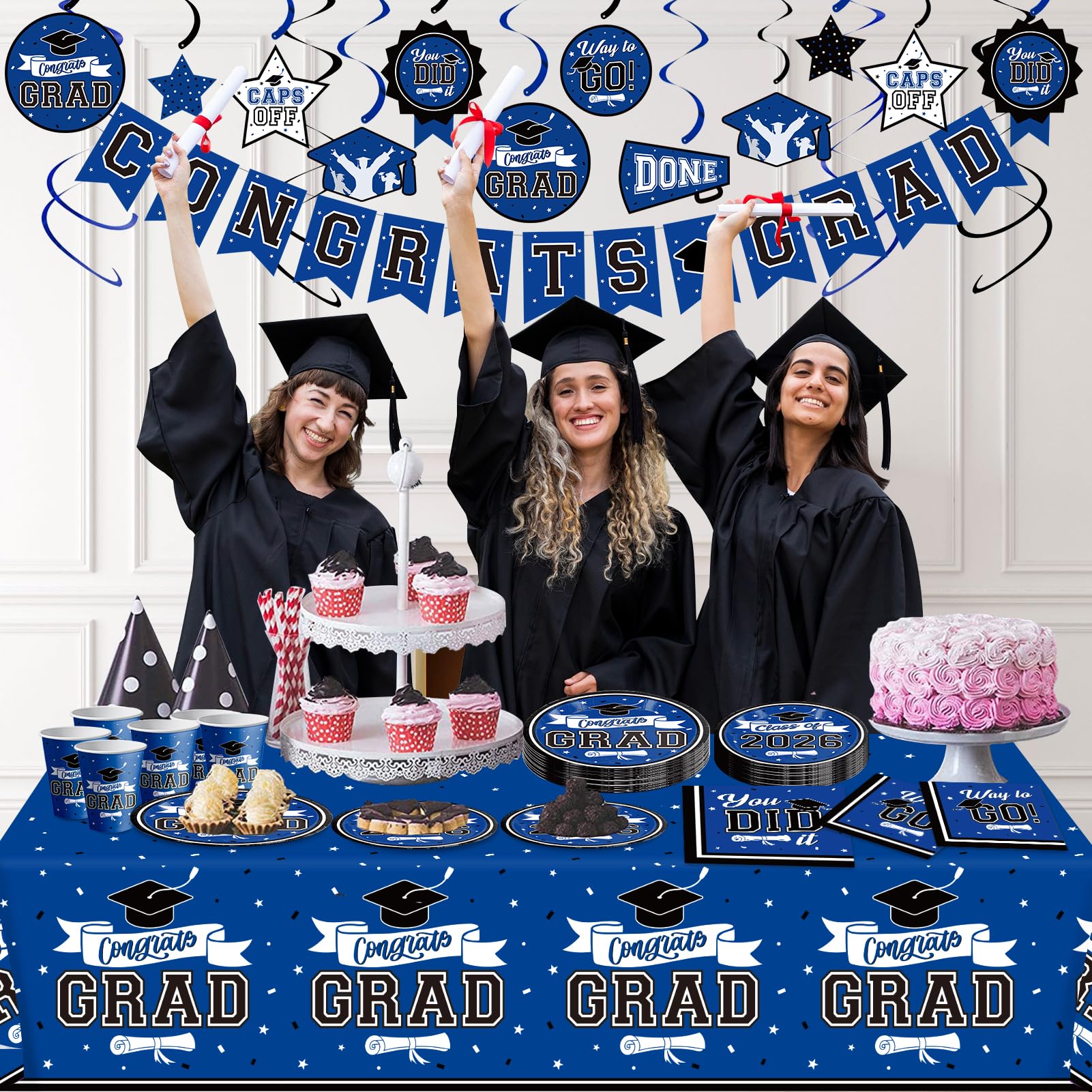DAZONGE graduation blue tablecloth provides sturdy base for snacks.