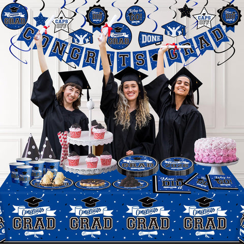 DAZONGE graduation blue tablecloth provides sturdy base for snacks.
